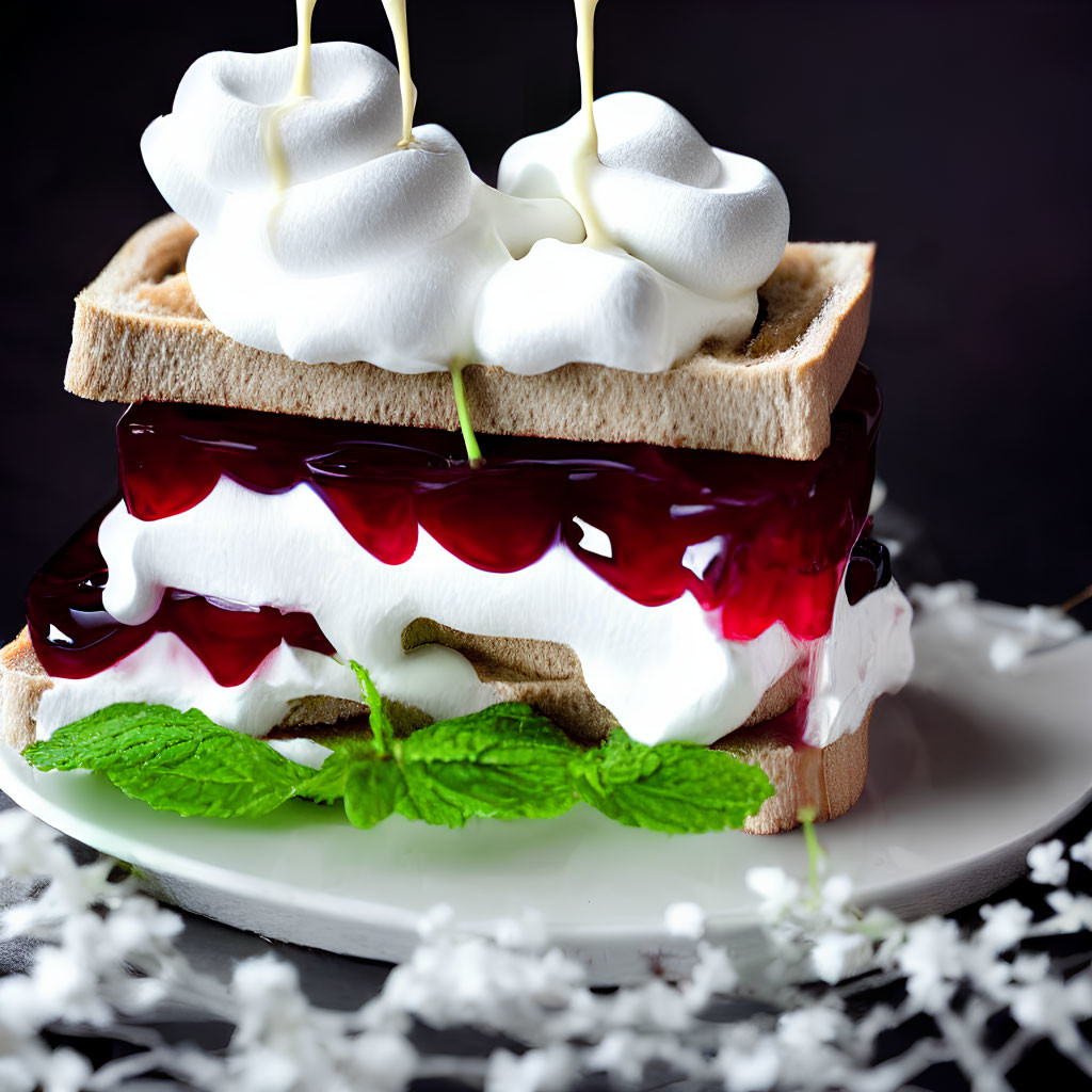 Fluffy whipped cream and cherry jelly dessert sandwich with mint leaves