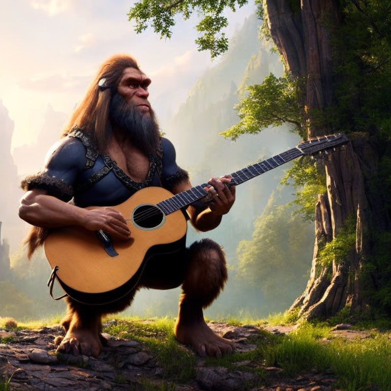 Humanoid ape-like creature playing guitar in serene forest clearing