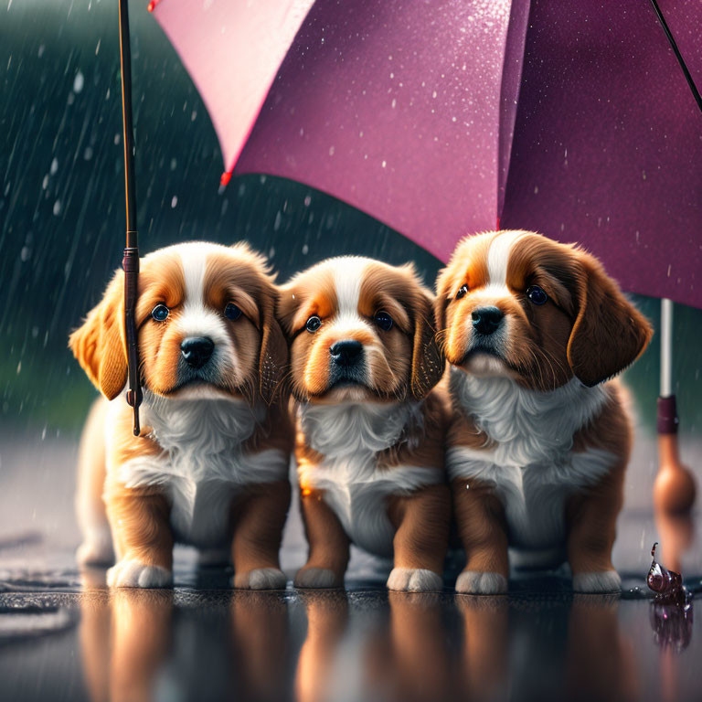 Three puppies under umbrella in rain