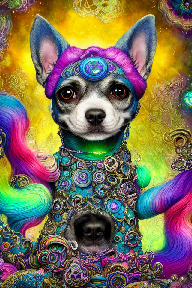 Colorful Psychedelic Chihuahua with Decorated Forehead Jewel