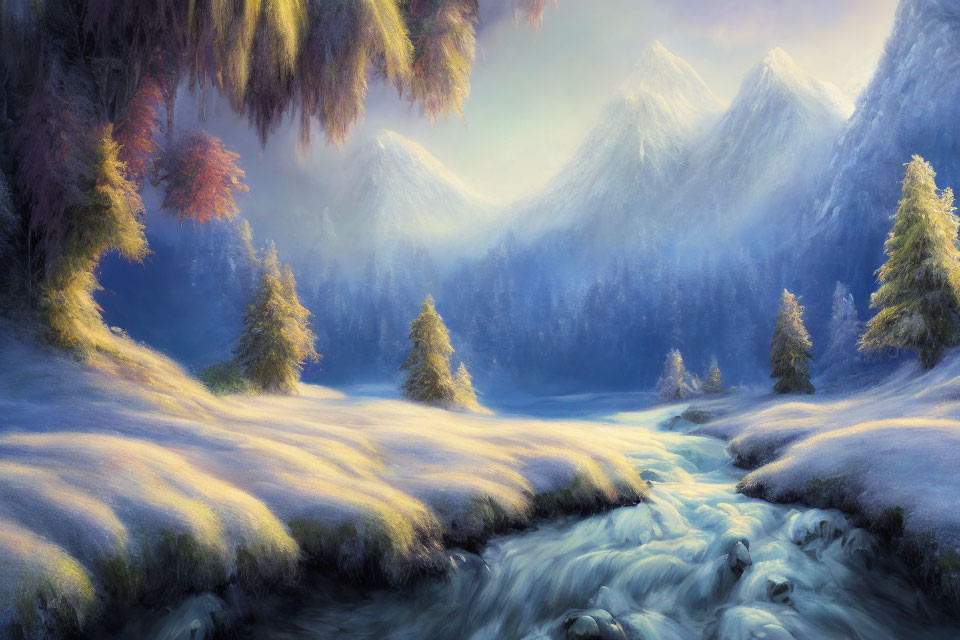 Tranquil Winter Landscape with River, Snow, Trees, and Mountains