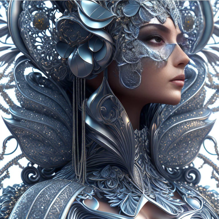 Intricate metallic floral armor and mask with elegant swirls and filigree details