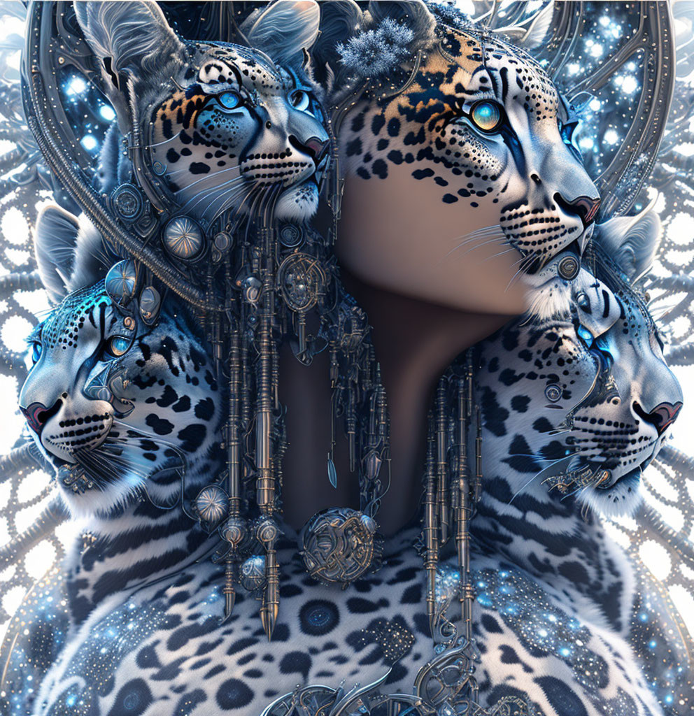 Snow leopard digital artwork with blue eyes and clockwork jewelry on fractal background