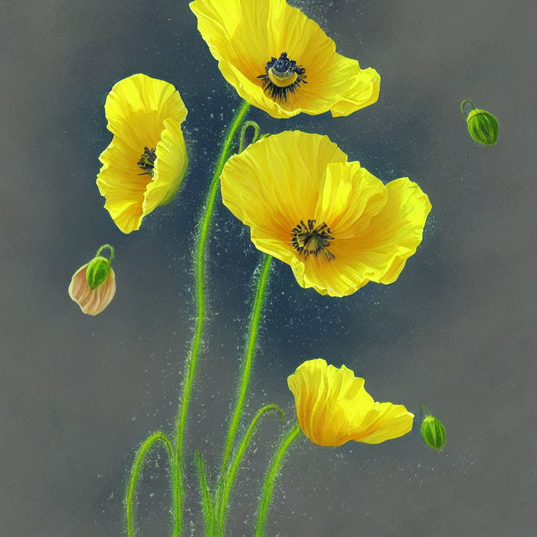 Bright Yellow Poppies with Dark Centers on Green Stems