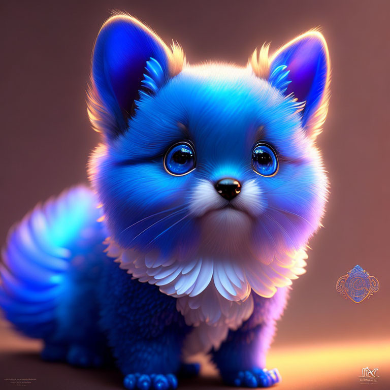 Blue fluffy fantasy creature with expressive eyes and feather-like details on ears and tail on warm background