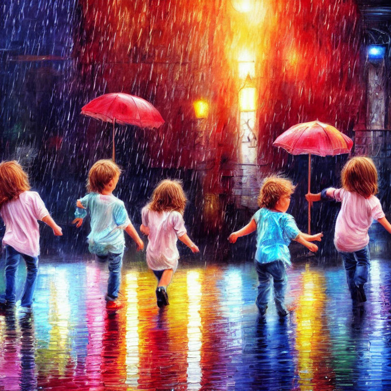 Group of children with umbrellas walking in colorful rain-soaked street