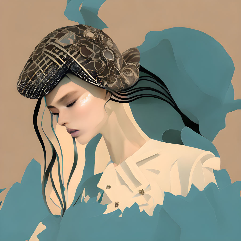 Woman with ornate hat and flowing black hair on teal background