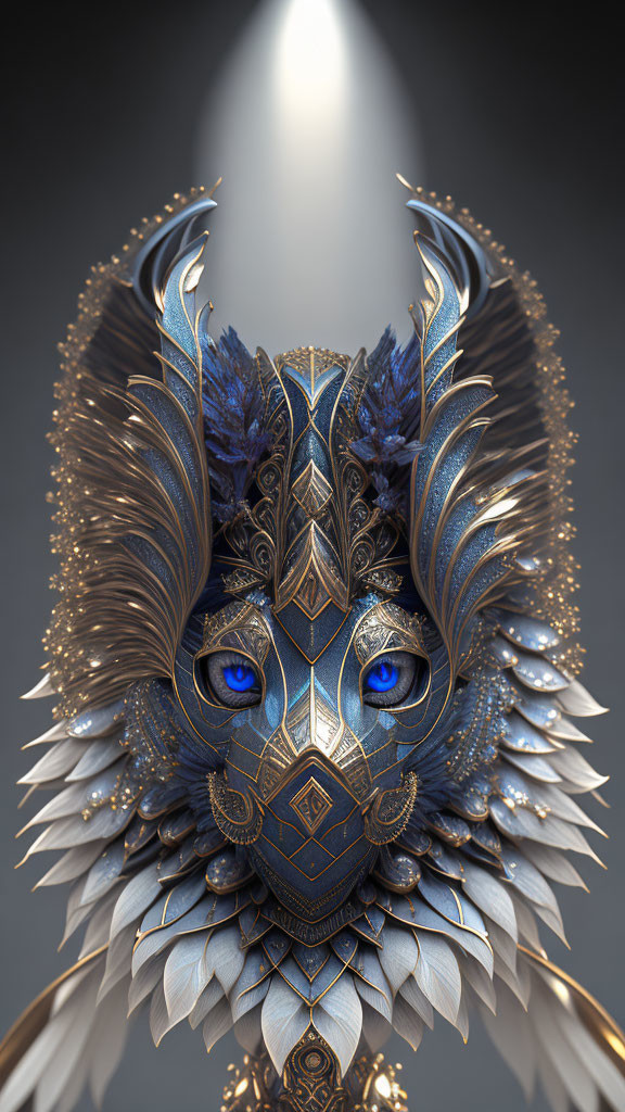 Mythical creature digital art: Blue-eyed, golden & blue feathers, metallic headdress, light