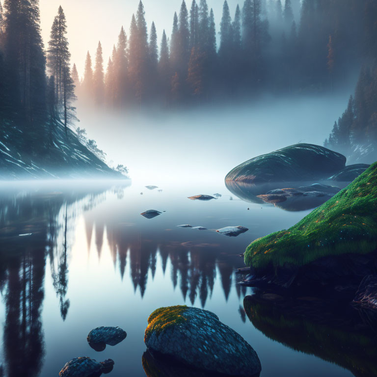 Tranquil forest scene with misty lake and pine tree silhouettes
