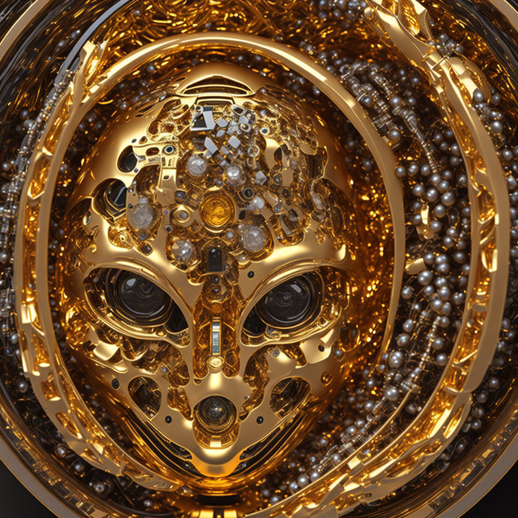 Detailed Golden Mechanical Sphere with Futuristic Robotic Face and Ornate Rings
