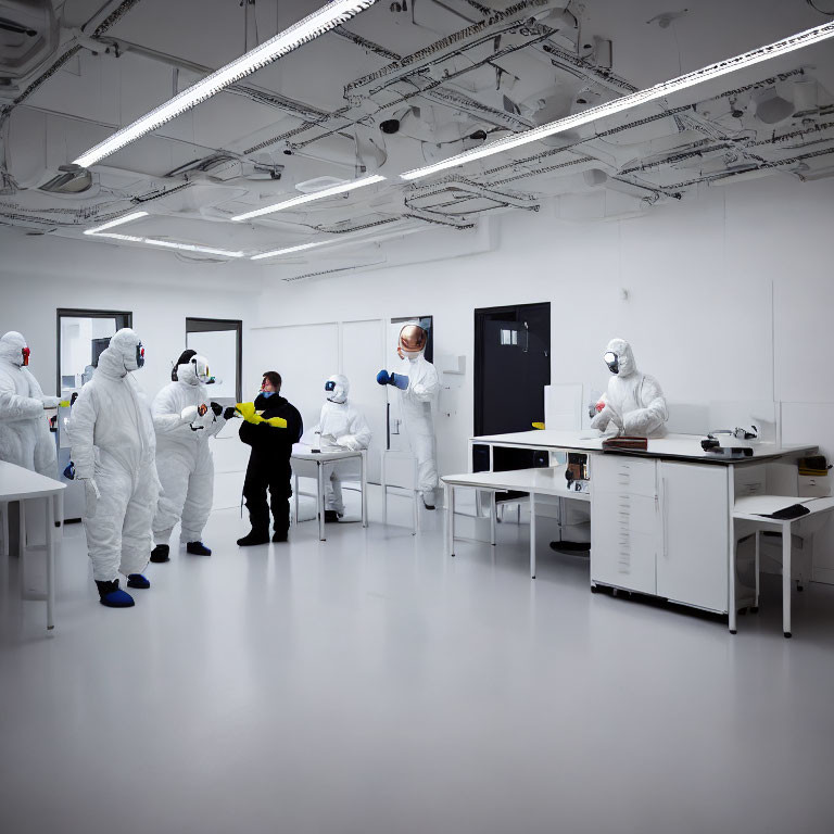 People in protective suits in cleanroom, one pointing during discussion or inspection