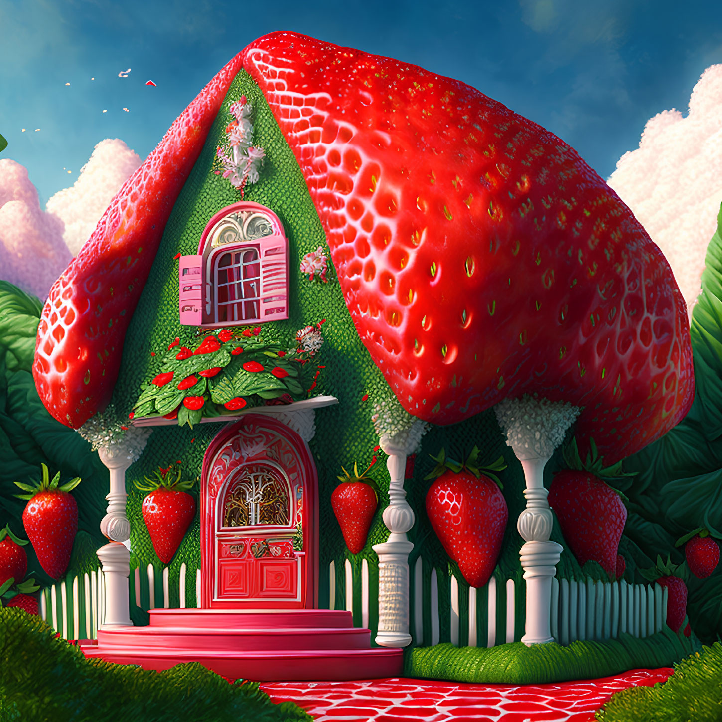 Whimsical strawberry-themed house with berry decorations