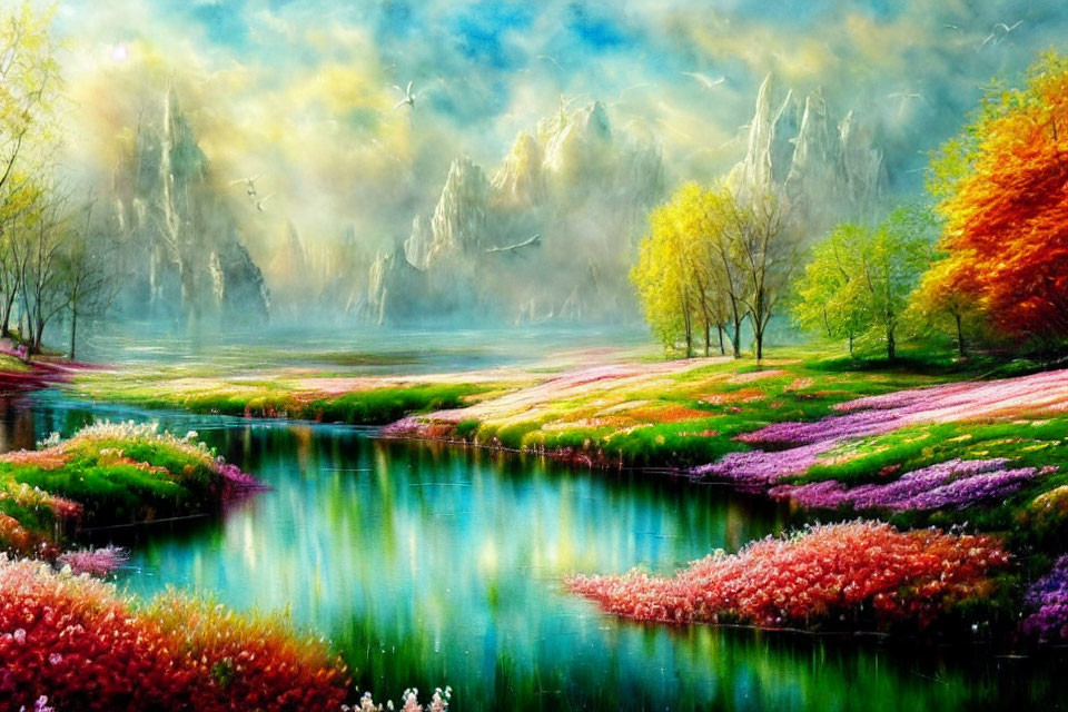 Colorful landscape painting: serene lake, vibrant flowers, misty mountains, sunny sky
