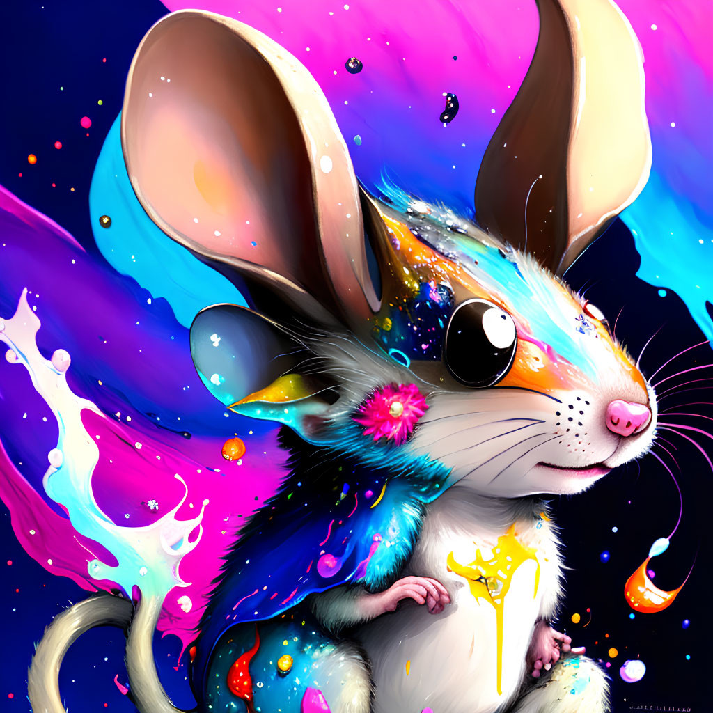Colorful Whimsical Mouse Illustration in Neon Paint Splatter