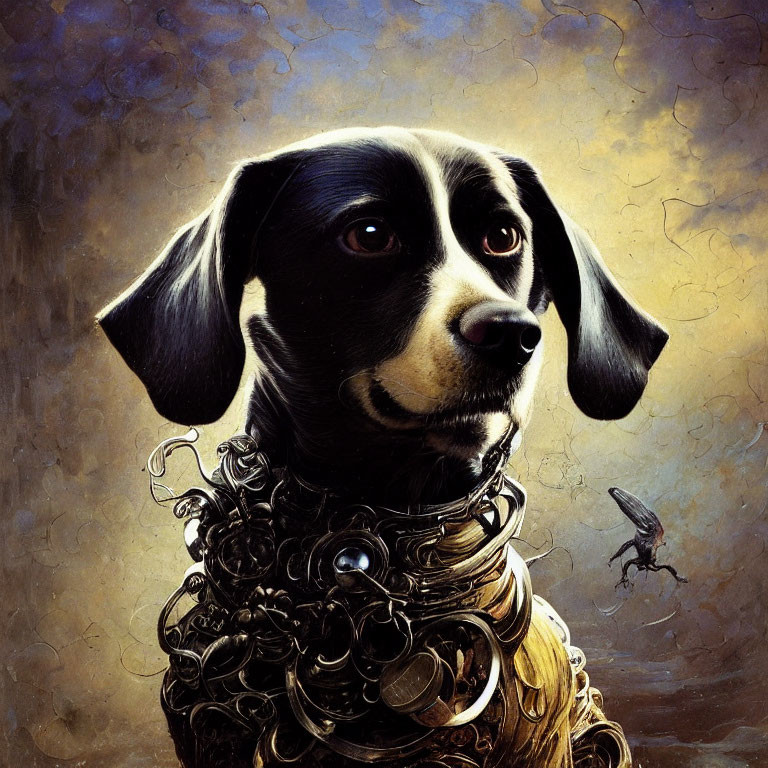 Black and White Dog in Golden Armor on Textured Background