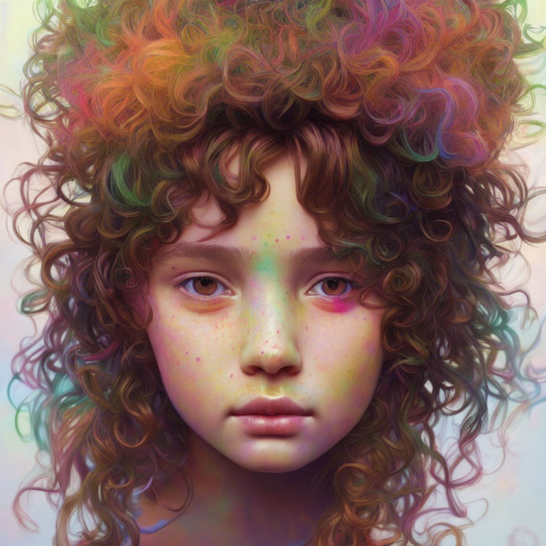 Child Portrait with Voluminous Curly Rainbow Hair & Soft Pastel Colors
