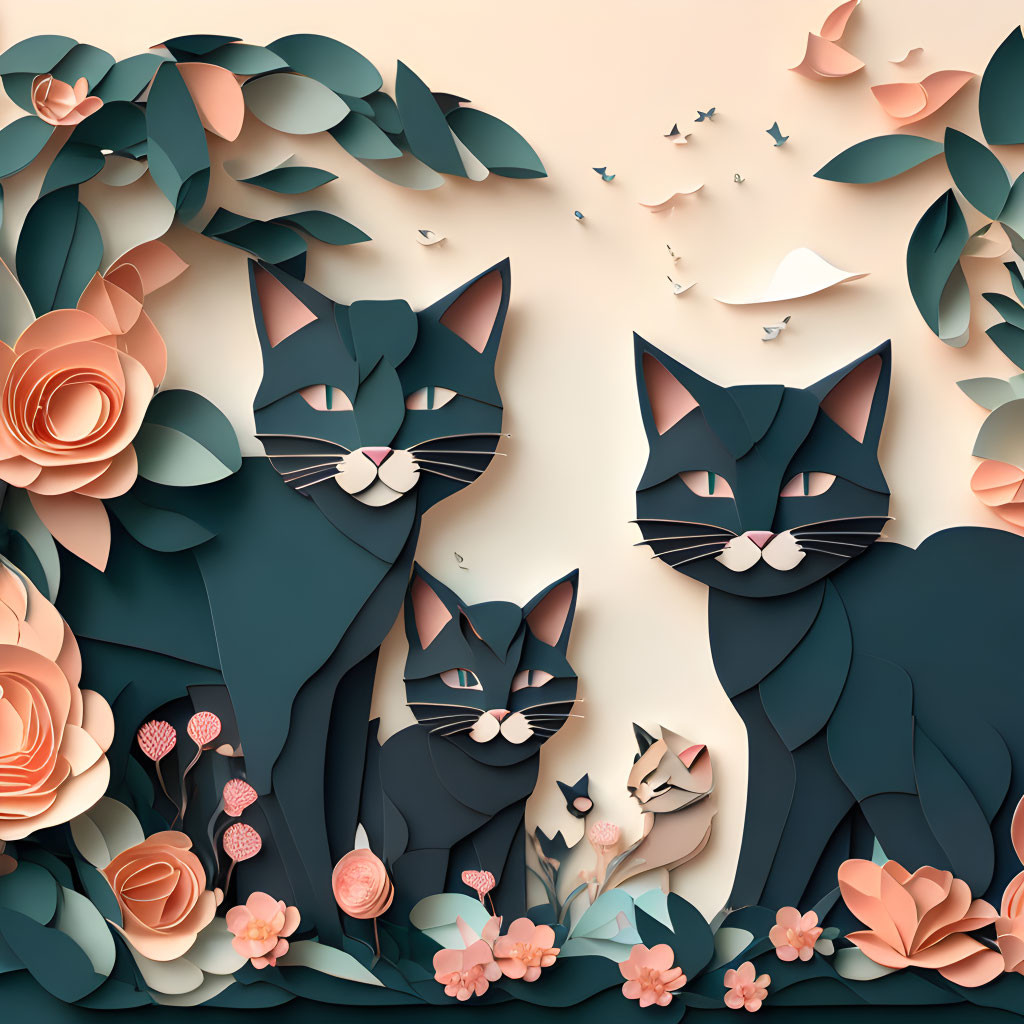 Stylized paper cats with intricate foliage and flowers in 3D design