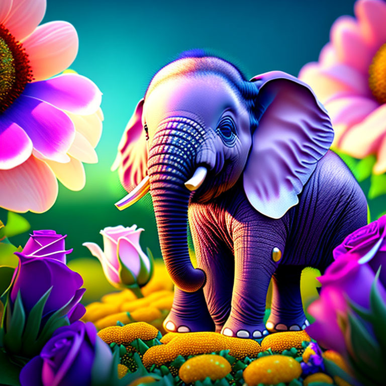 Vibrant digital artwork: stylized baby elephant with oversized flowers on glossy finish.