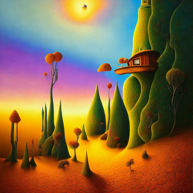 Colorful surreal landscape with tree-like shapes, house on hill, and hot air balloon.
