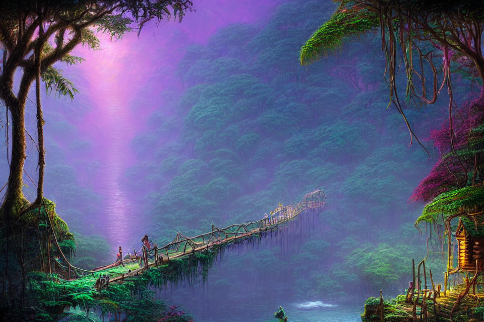 Person on wooden bridge in mystical forest with lush greenery and purple hues