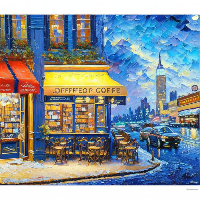 Colorful Coffee Shop in Dusk Street Scene with Blue Buildings