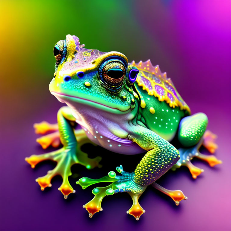 Vibrant Frog with Green, Yellow, and Orange Markings on Purple Gradient Background