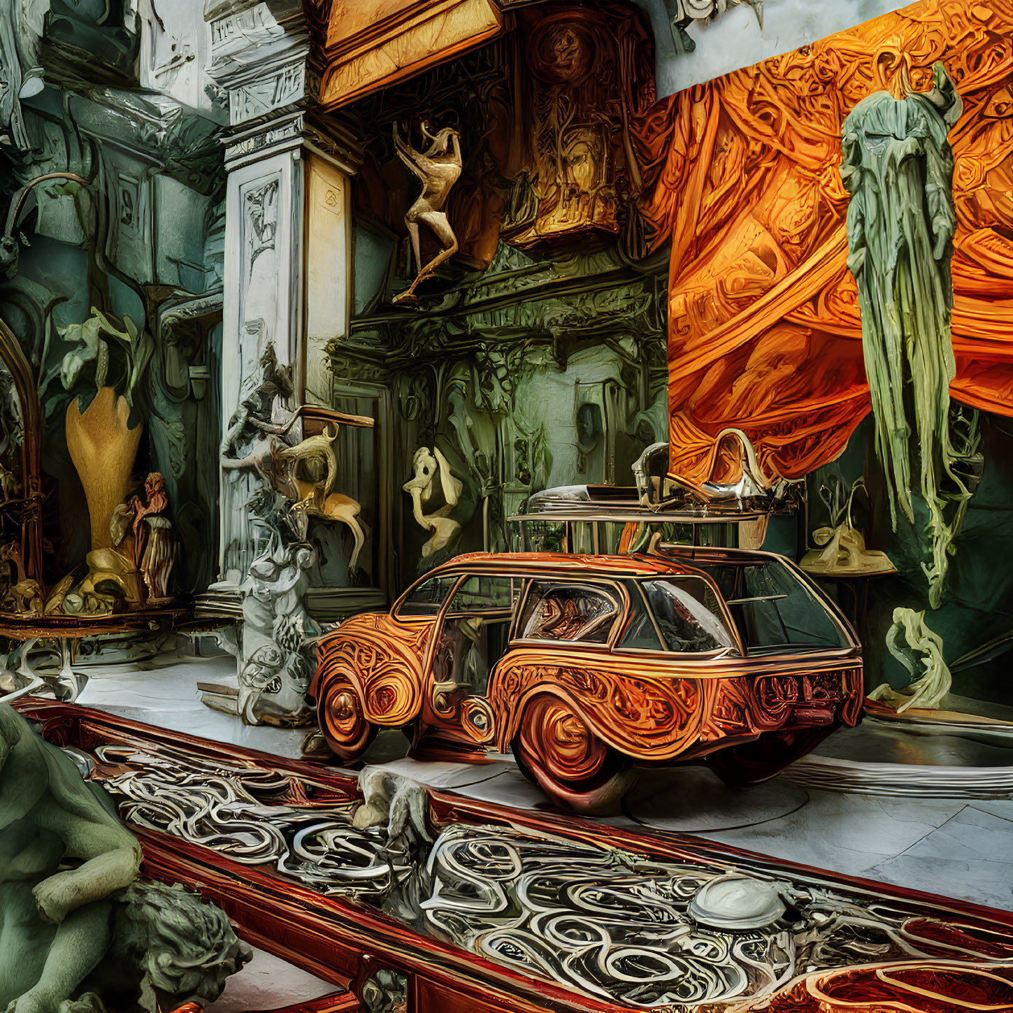 Vividly colored surreal image blending classical architecture with modern station wagon