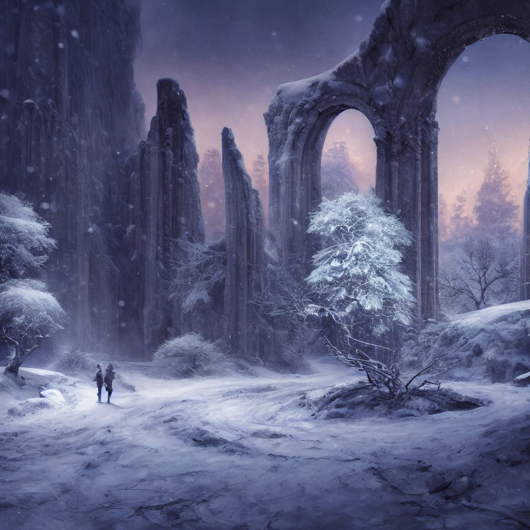 Snowy landscape at dusk: Two figures walking towards ancient archway in a serene winter setting.