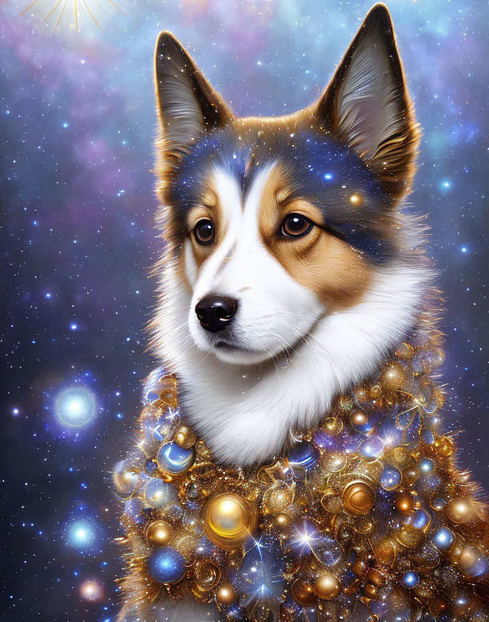 Majestic Welsh Corgi in Cosmic Setting with Golden Ornaments