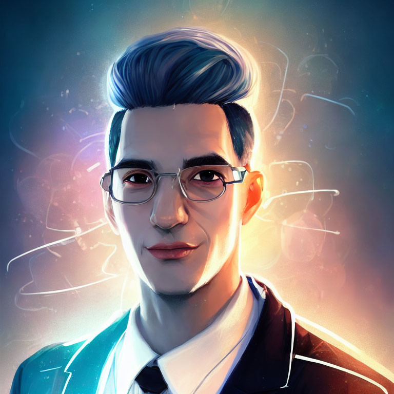 Man with Stylish Hair, Glasses, and Suit in Ethereal Setting