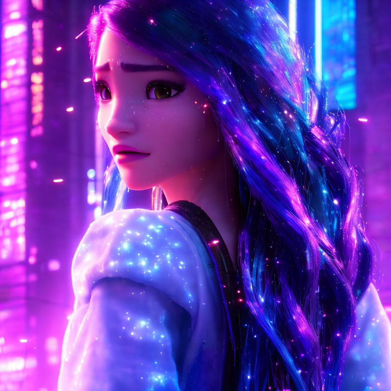 Long Blue and Purple-Haired Female Character in Neon-lit Setting