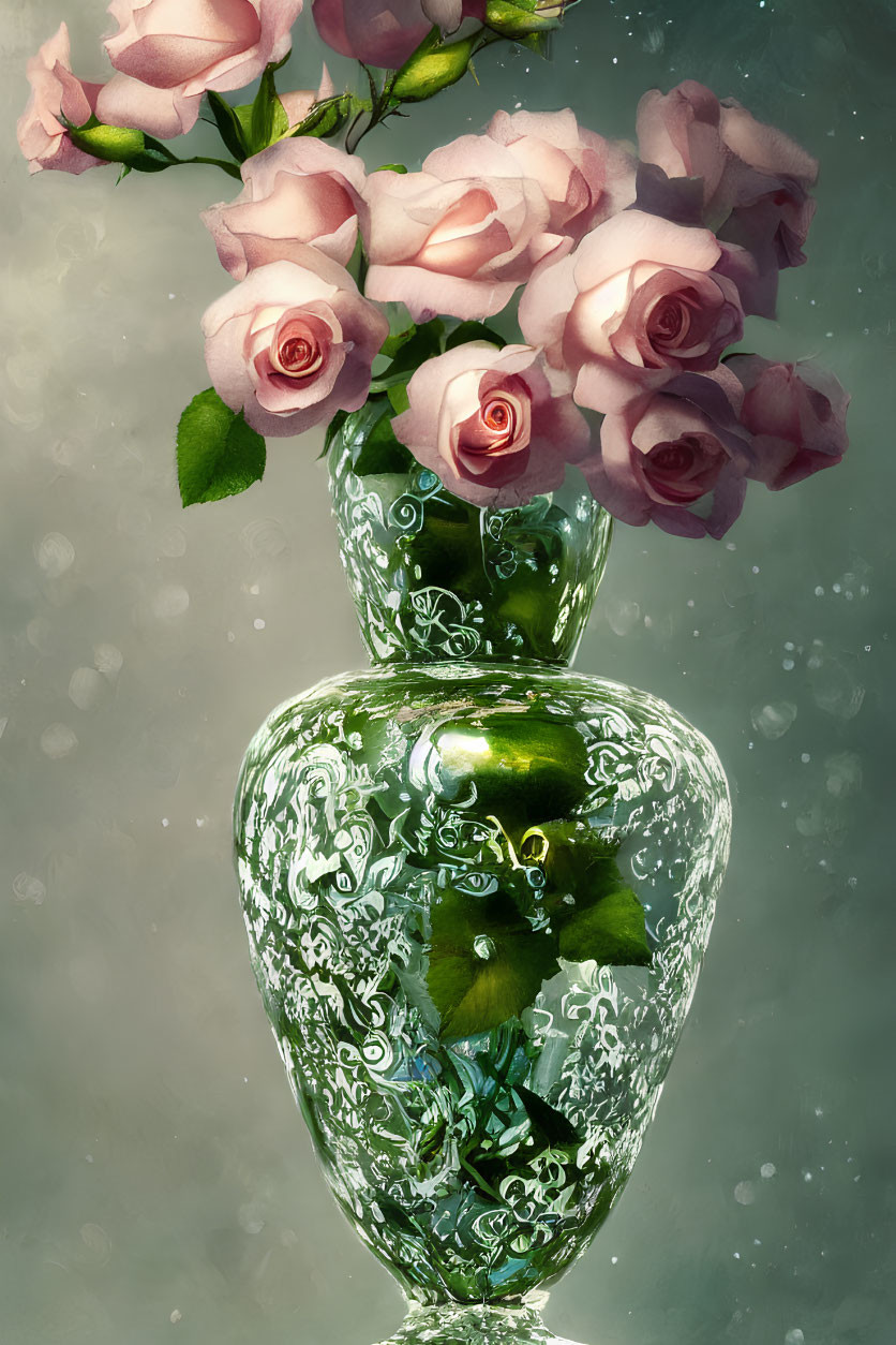 Delicate pink roses in intricately patterned glass vase on speckled teal background