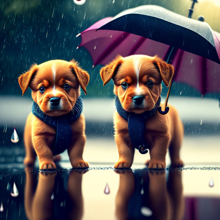Two cute puppies with blue scarves under umbrella in rain