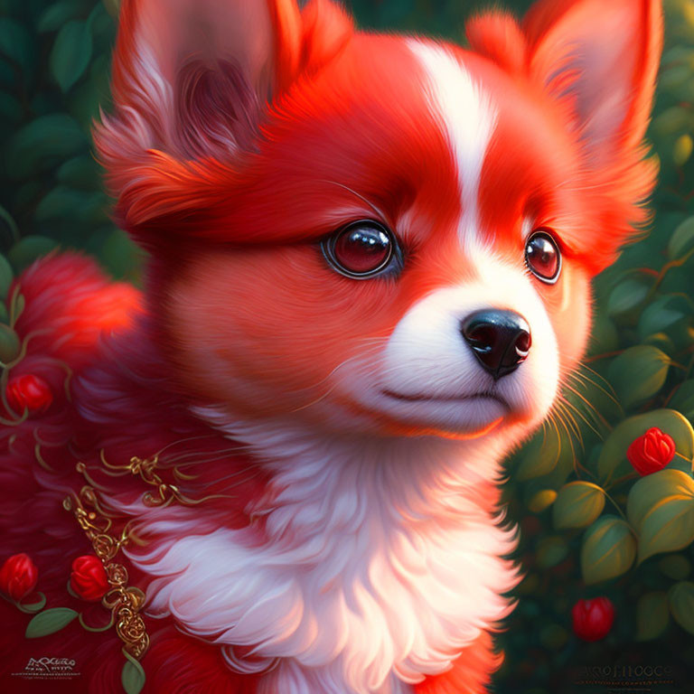 Red and White Pomeranian Puppy Digital Painting with Expressive Eyes and Golden Chain