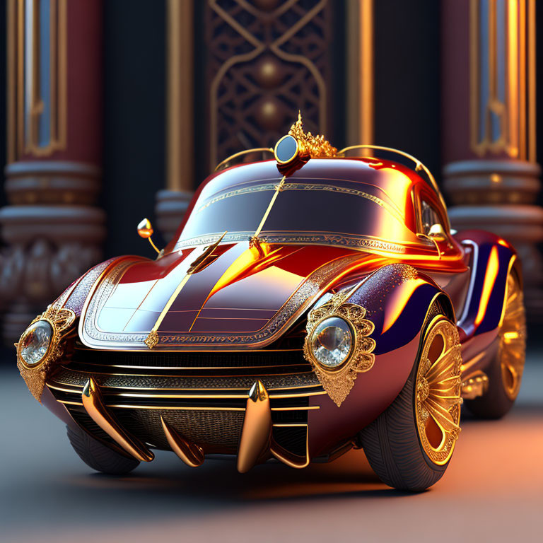 Luxurious Car with Royal Crown, Gold Detailing, Red and Blue Finish