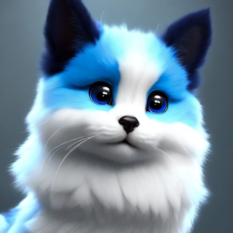 Stylized digital artwork of fluffy cat with blue and white fur