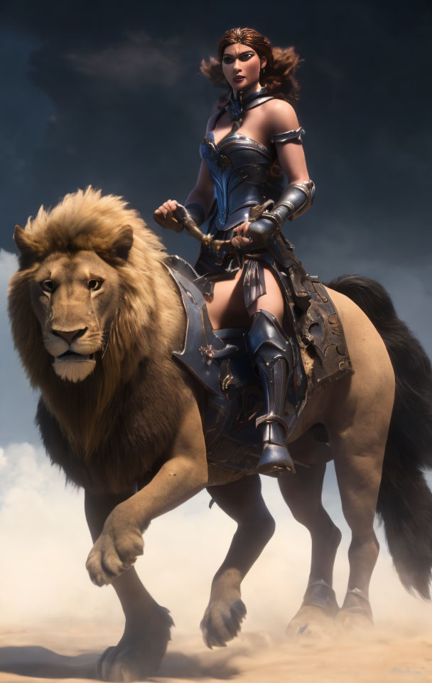 Digital Artwork: Fierce Woman Warrior Riding Lion in Blue and Black Armor