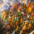 Scenic mountain village in autumn foliage with misty backdrop