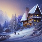 Snow-covered cottage in serene winter night with warm lights and frosty pines