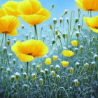Yellow poppies in lush field under blue sky