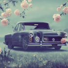 Vintage car adorned with flowers in grassy field under blossoming tree