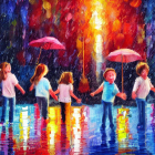 Group of children with umbrellas walking in colorful rain-soaked street