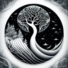Detailed monochrome yin-yang symbol with natural elements in circular frame