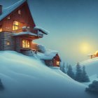 Snowy Hillside Wooden Cabin at Twilight with Warm Glowing Windows