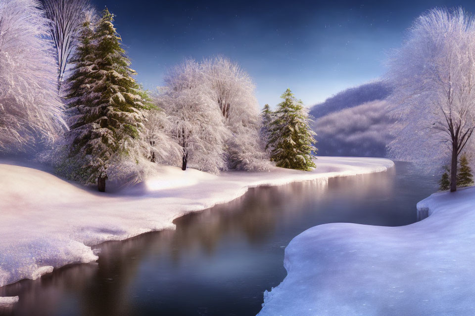 Snow-covered trees and river in serene winter scene