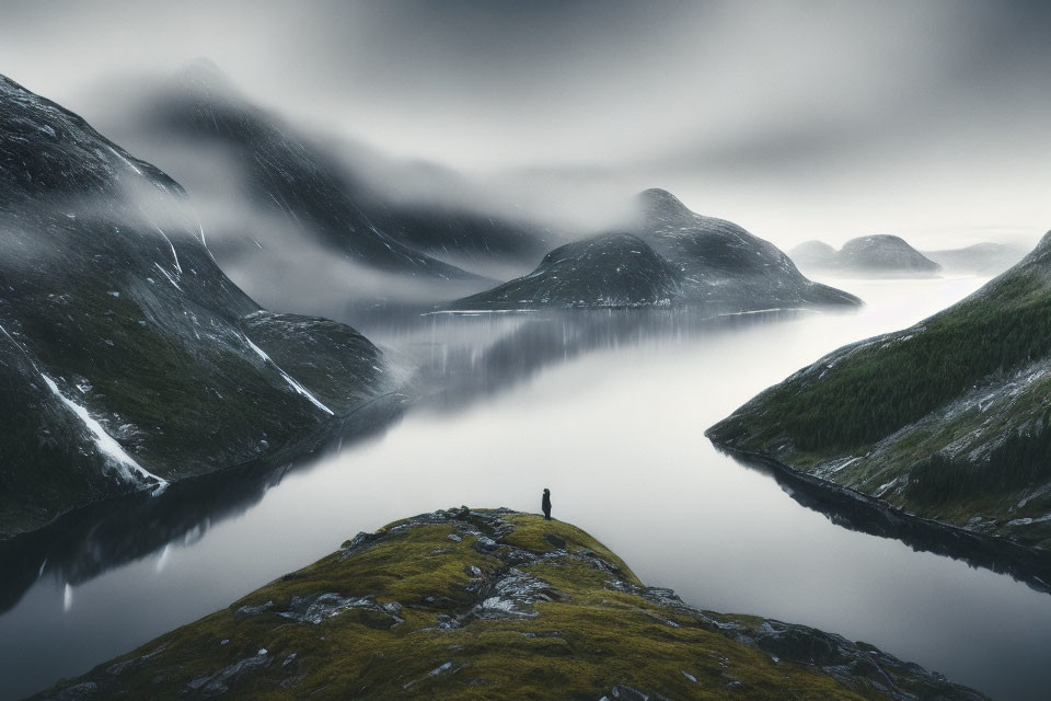 Solitary figure on grassy outcrop overlooking misty fjord and mountains