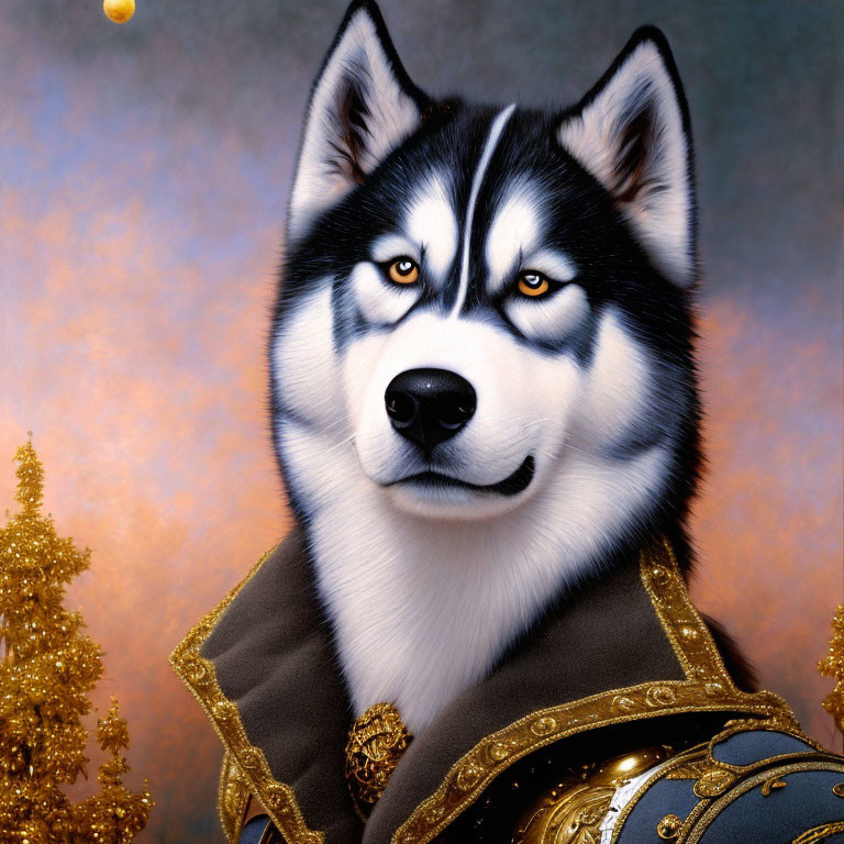 Majestic Husky with blue eyes in aristocratic attire against golden backdrop