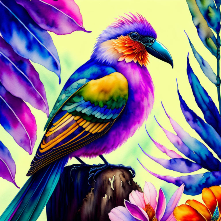 Colorful Bird Illustration with Prominent Beak and Exotic Purple Leaves and Flowers