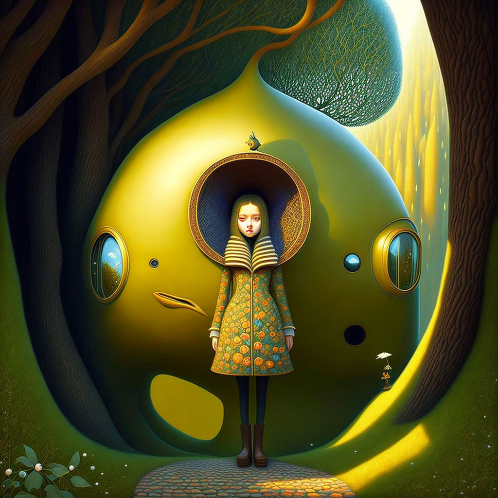 Whimsical egg-shaped house with girl, bird, and warm light among trees