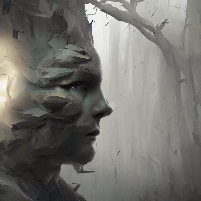 Stone-textured face blending with misty tree background in a mystical scene